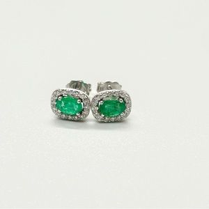 14k solid gold stud earrings, Emerald gemstone surrounded with diamonds